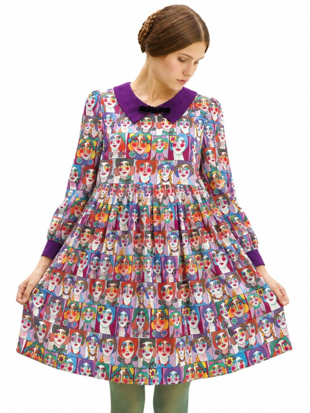 NWT Rare Unlogical Poem Silk Portrait Print Babydoll Dress Whimsical 36
